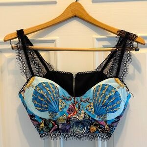 Mermaid Sea Shell Crop Top w/ Black Lace Detail Sz L (Set/Matching Skirt Avail)